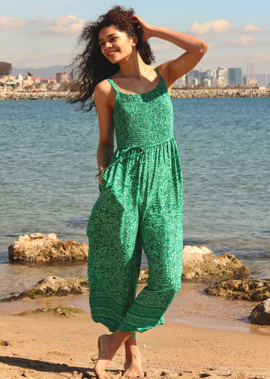 Roman Green Sleeveless Paisley Cropped Jumpsuit