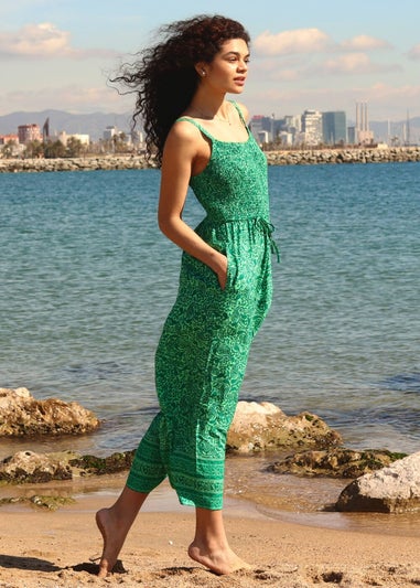 Roman Green Sleeveless Paisley Cropped Jumpsuit