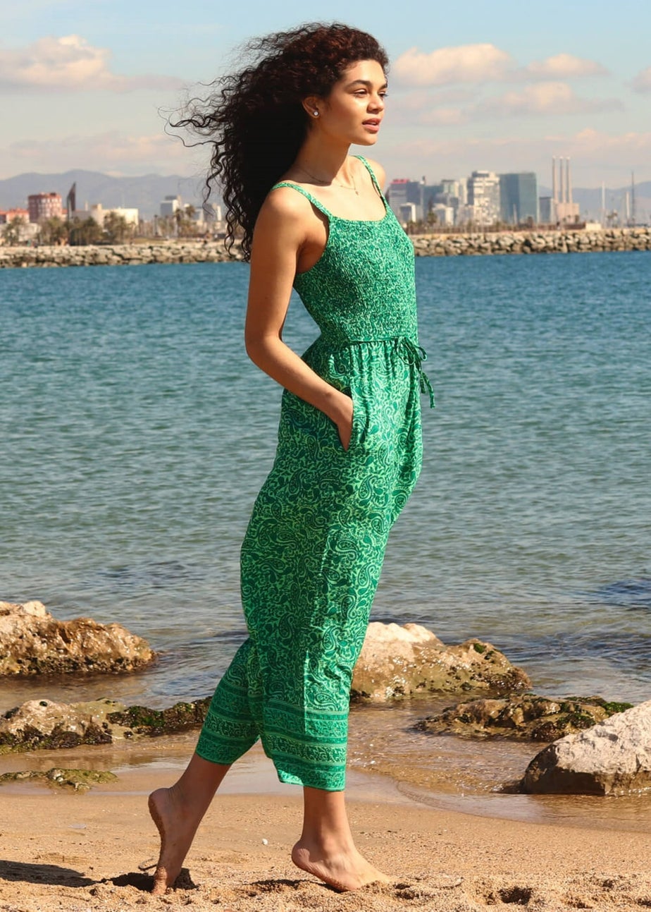 Roman Green Sleeveless Paisley Cropped Jumpsuit