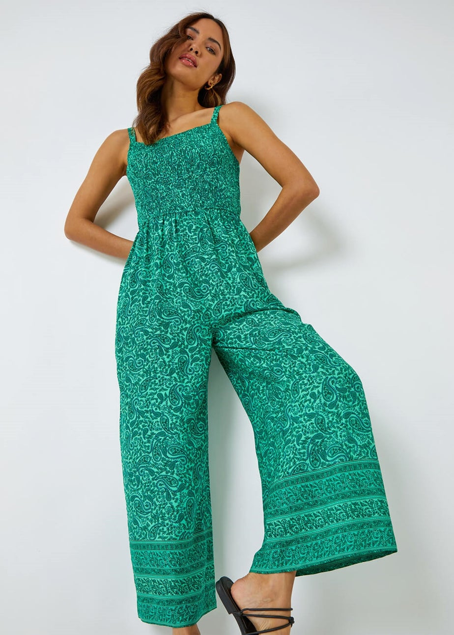 Roman Green Sleeveless Paisley Cropped Jumpsuit