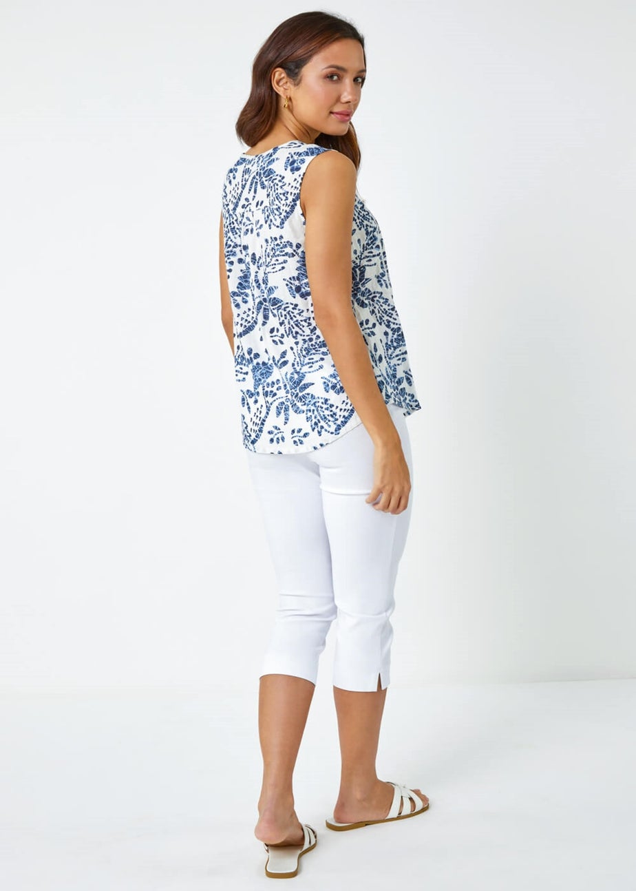 Roman Blue Sleeveless V-Neck Floral Print Vest