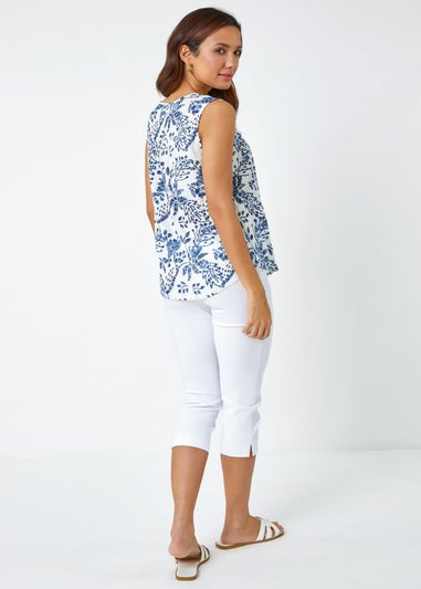 Roman Blue Sleeveless V-Neck Floral Print Vest