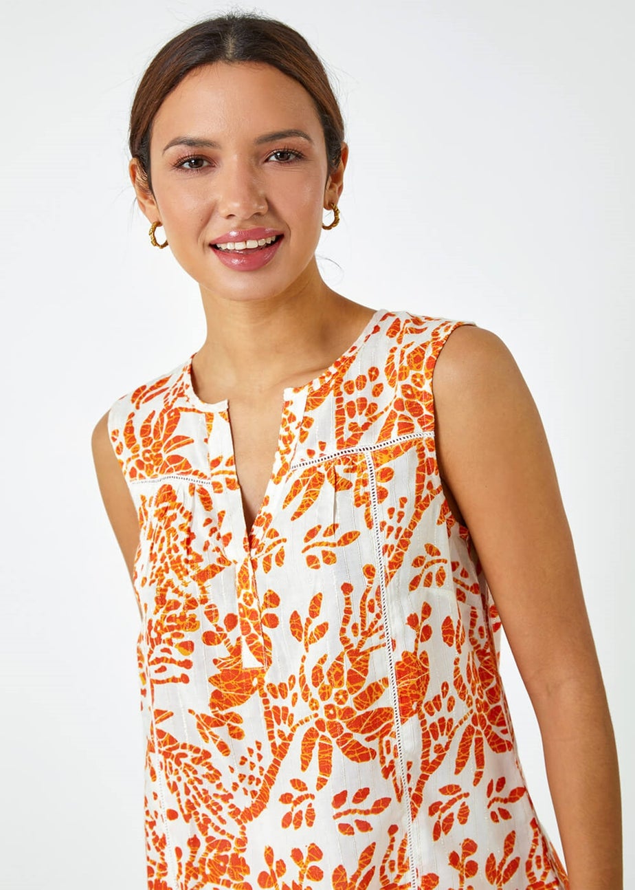 Roman Orange Sleeveless V-Neck Floral Print Vest
