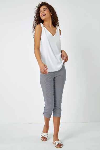 Roman Navy Striped Elastic Waist Stretch Cropped Trouser