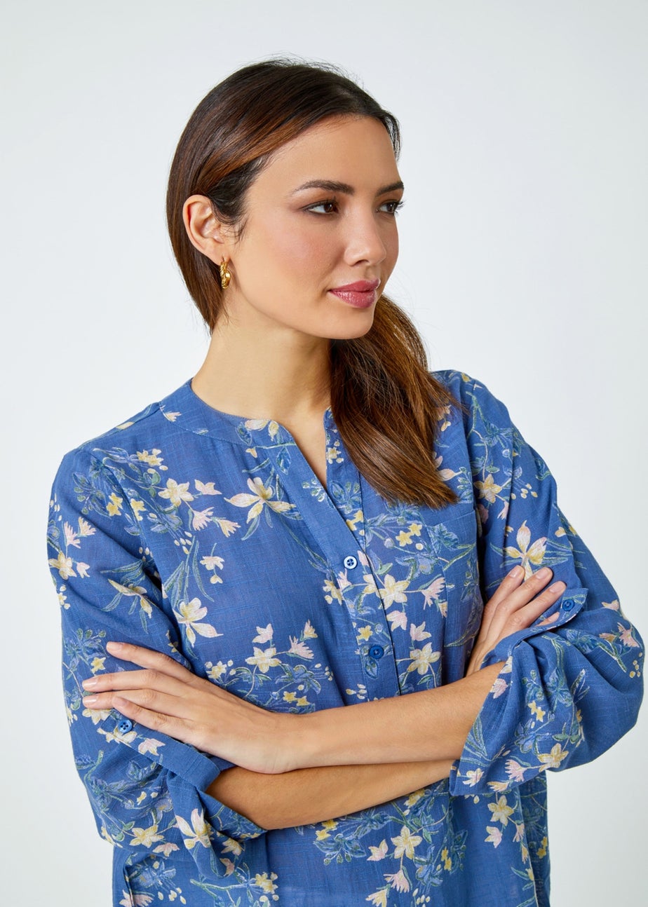 Roman Blue Cotton Floral Print V-Neck Overshirt