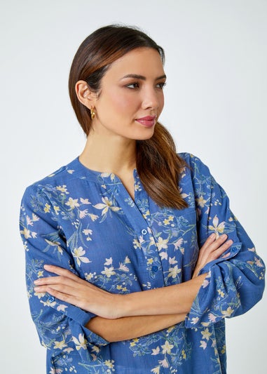 Roman Blue Cotton Floral Print V-Neck Overshirt