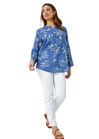 Roman Blue Cotton Floral Print V-Neck Overshirt