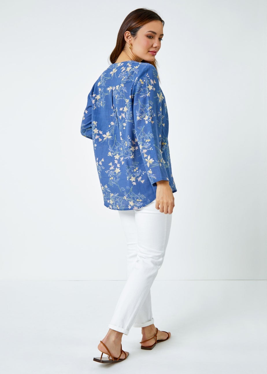 Roman Blue Cotton Floral Print V-Neck Overshirt