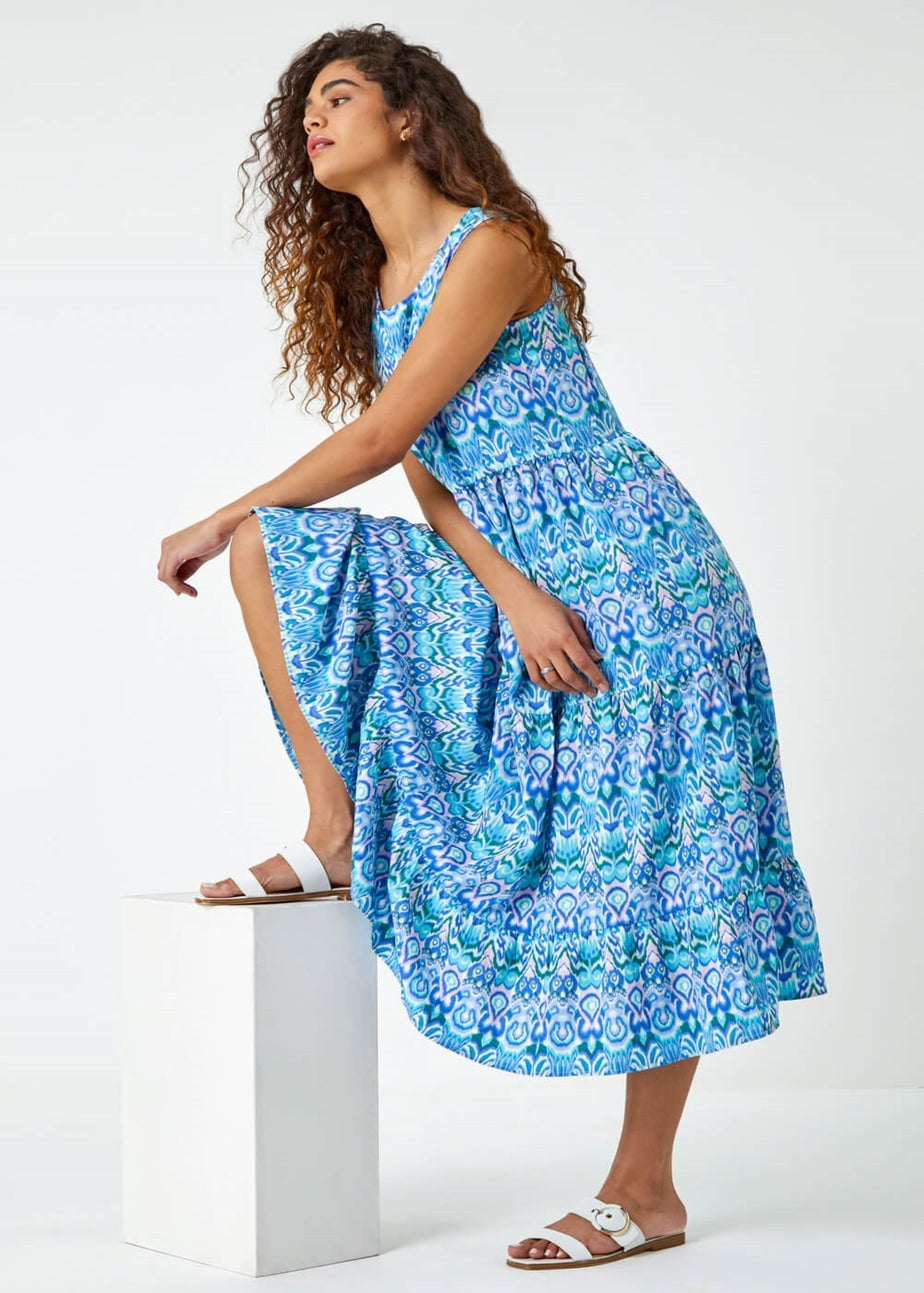 Roman Aqua Sleeveless Aztec Print Smock Midi Dress