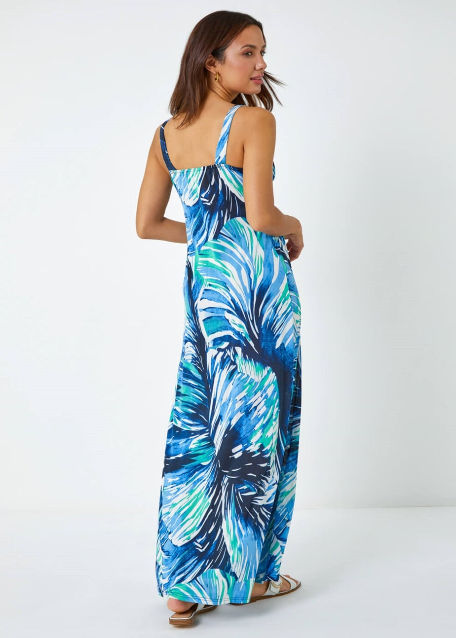 Roman Aqua Abstract Print Stretch Wrap Maxi Dress