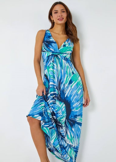 Roman Aqua Abstract Print Stretch Wrap Maxi Dress