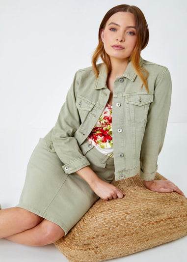 Roman Sage Cotton Denim Stretch A line Skirt