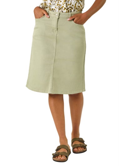 Roman Sage Cotton Denim Stretch A line Skirt