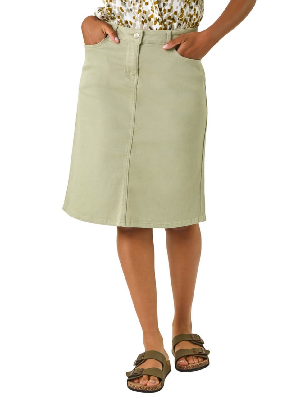 Roman Sage Cotton Denim Stretch A line Skirt