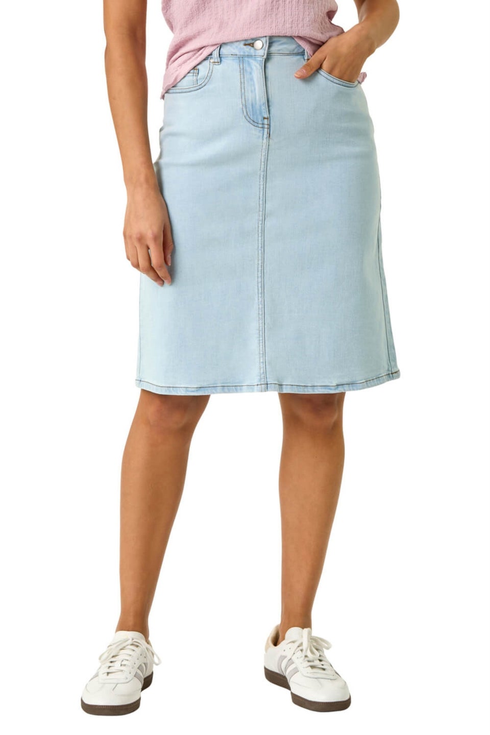 Roman Light Blue Cotton Denim Stretch A line Skirt