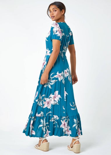 Roman Teal Floral Print Shirred Waist Maxi Dress