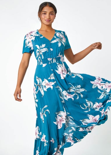 Roman Teal Floral Print Shirred Waist Maxi Dress
