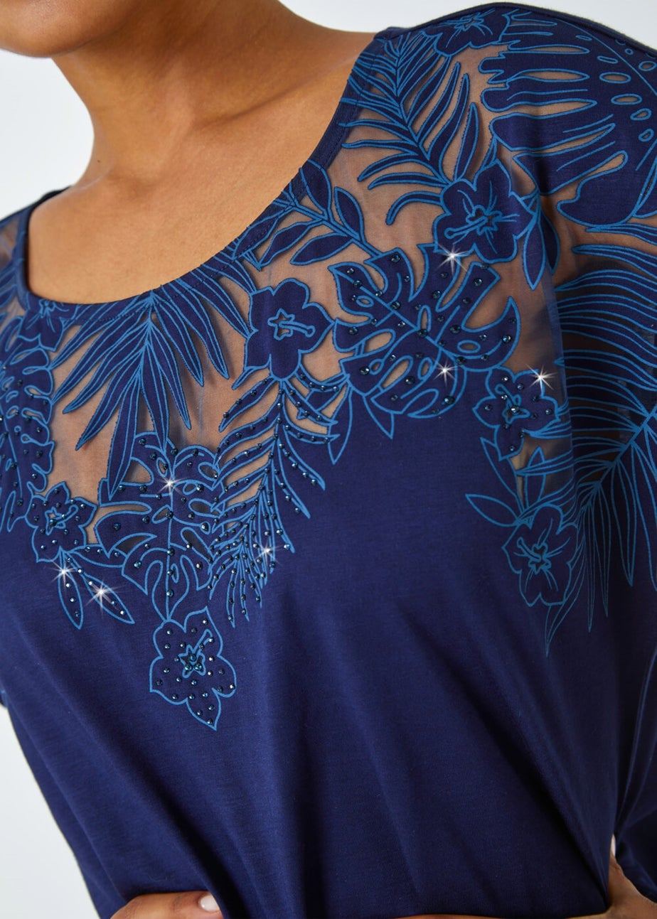 Roman Navy Sparkle Palm Print Burnout T-Shirt