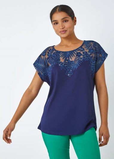 Roman Navy Sparkle Palm Print Burnout T-Shirt