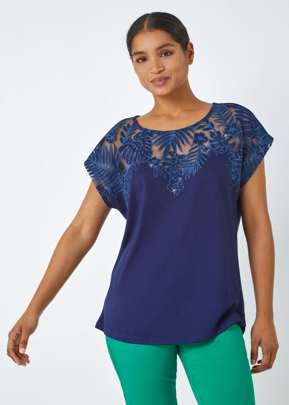 Roman Navy Sparkle Palm Print Burnout T-Shirt