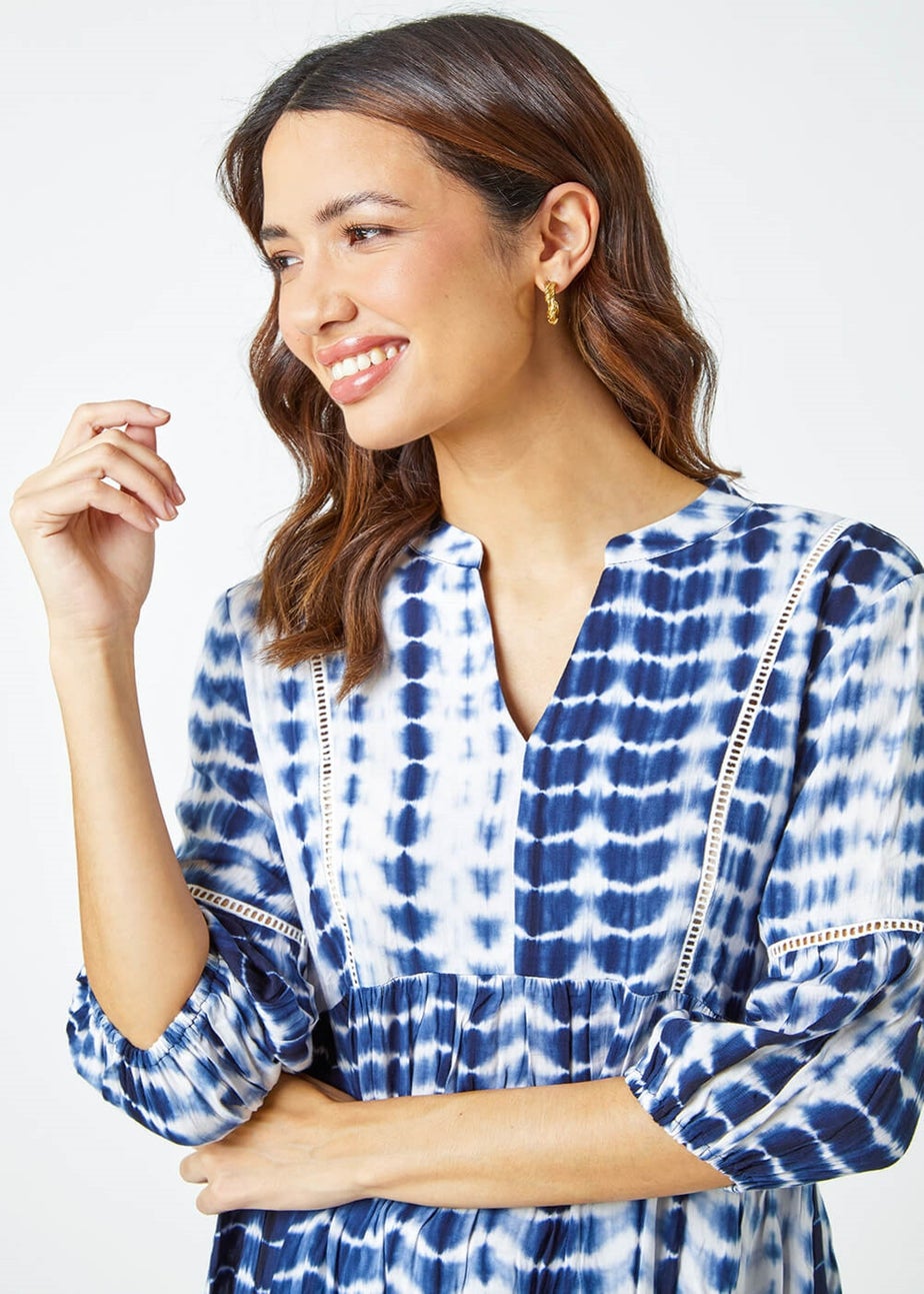 Roman Blue Tie Dye Print Smock Tunic Top