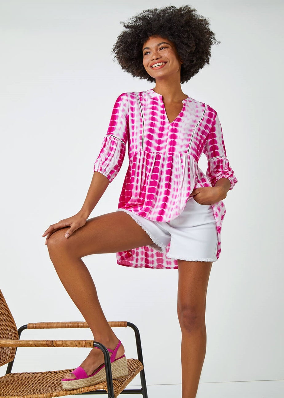 Roman Pink Tie Dye Print Smock Tunic Top