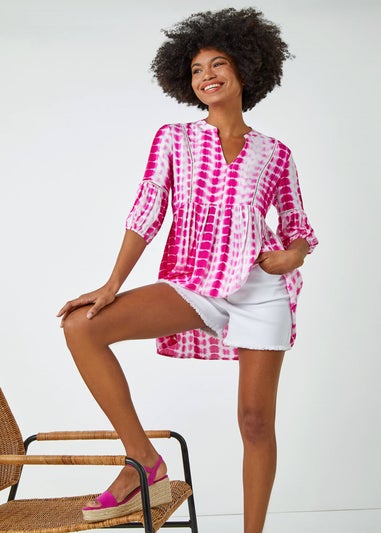 Roman Pink Tie Dye Print Smock Tunic Top