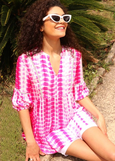 Roman Pink Tie Dye Print Smock Tunic Top