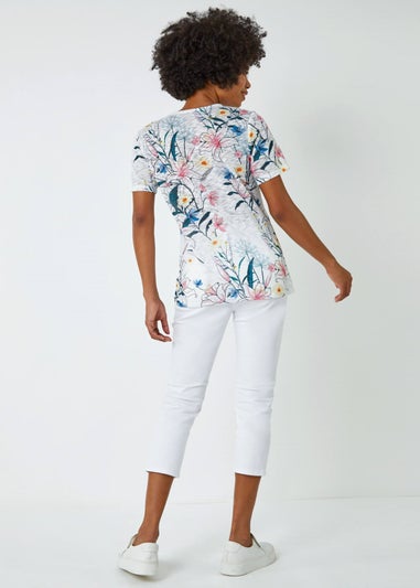 Roman Ivory Embellished Floral Print T-Shirt