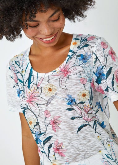 Roman Ivory Embellished Floral Print T-Shirt