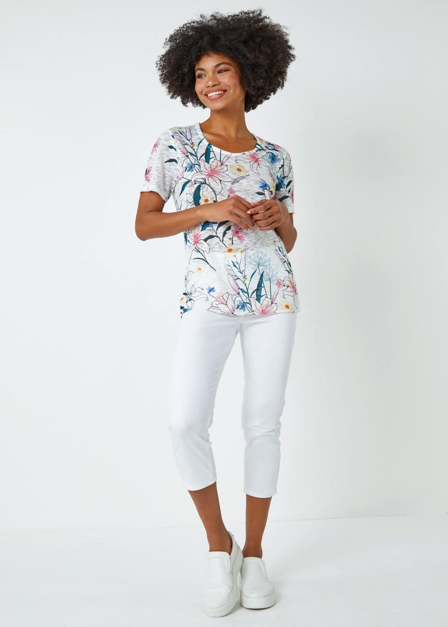 Roman Ivory Embellished Floral Print T-Shirt