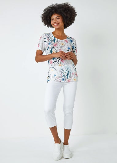Roman Ivory Embellished Floral Print T-Shirt