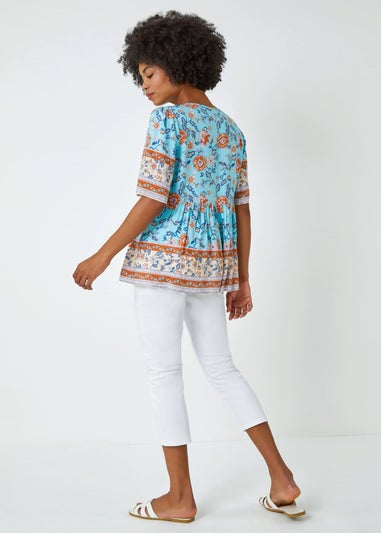 Roman Blue Floral Border Print Tassel Detail Top