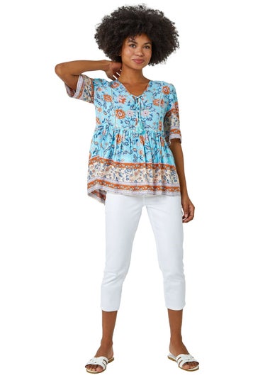Roman Blue Floral Border Print Tassel Detail Top