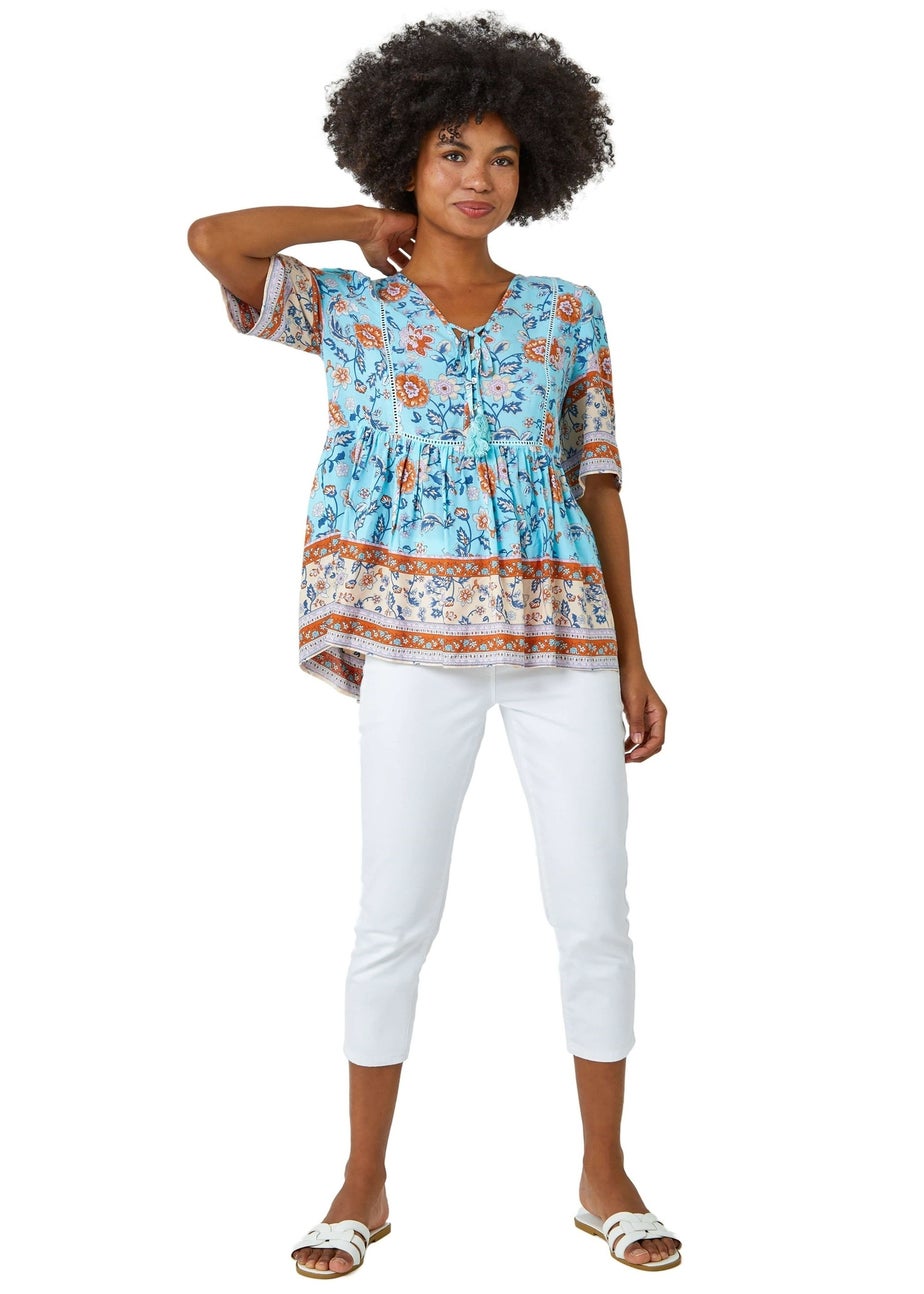 Roman Blue Floral Border Print Tassel Detail Top