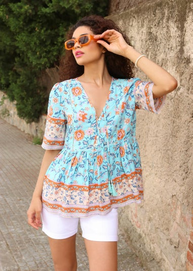 Roman Blue Floral Border Print Tassel Detail Top
