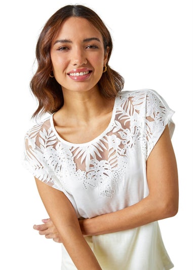 Roman Ivory Sparkle Palm Print Cut Out T-Shirt