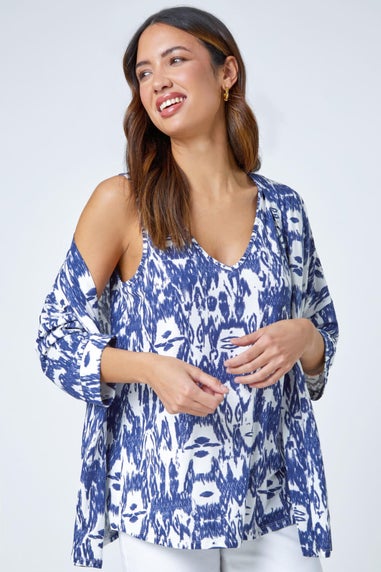 Roman Blue Abstract Print V-Neck Stretch Jersey Cami Top