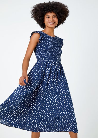 Roman Navy Frill Sleeve Spot Shirred Midi Dress