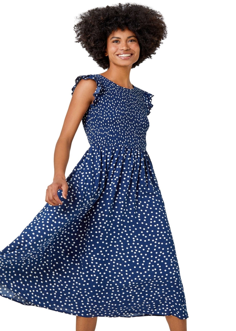 Roman Navy Frill Sleeve Spot Shirred Midi Dress