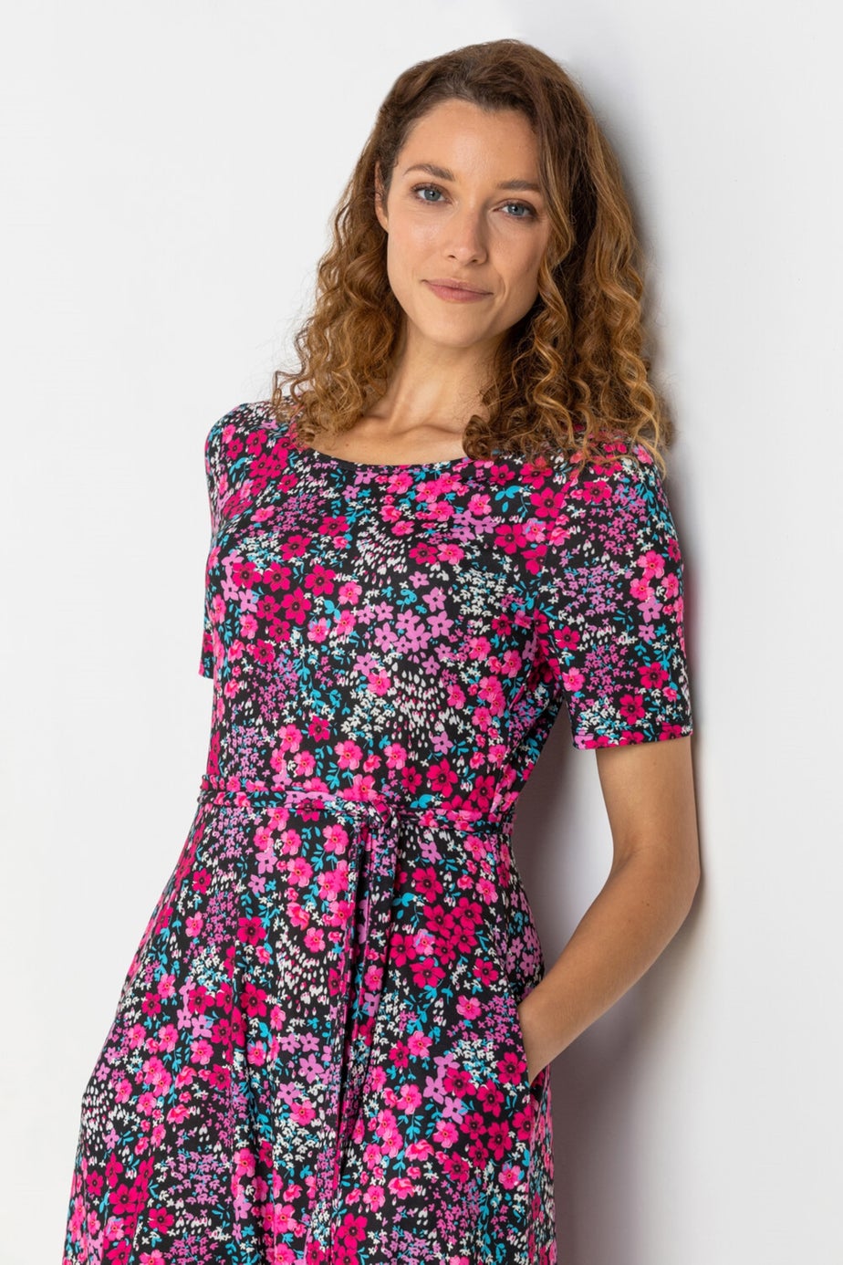 Roman Fuchsia Floral Print Belted Skater Dress