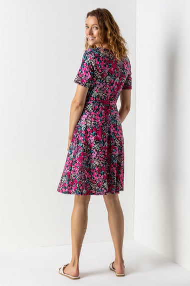 Roman Fuchsia Floral Print Belted Skater Dress
