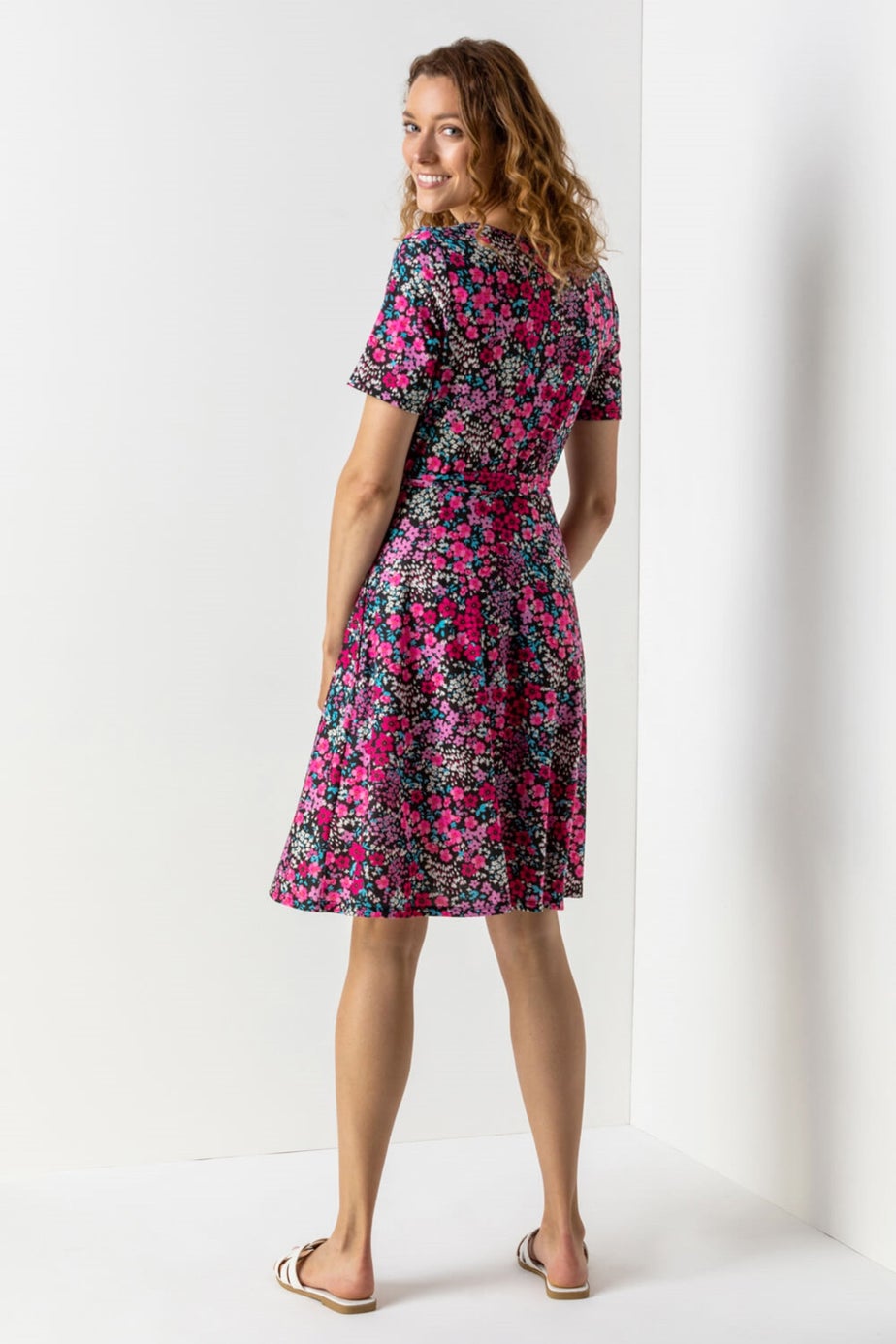 Roman Fuchsia Floral Print Belted Skater Dress