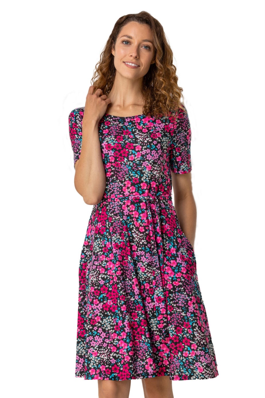Roman Fuchsia Floral Print Belted Skater Dress
