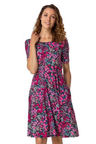 Roman Fuchsia Floral Print Belted Skater Dress