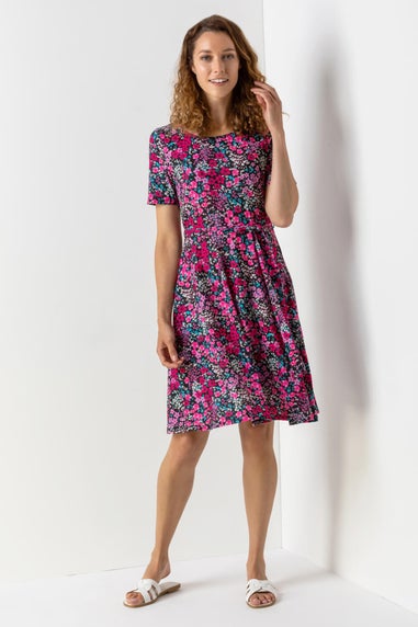 Roman Fuchsia Floral Print Belted Skater Dress