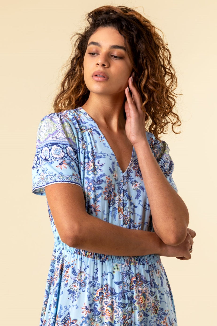 Roman Blue Floral Print Shirred Waist Maxi Dress