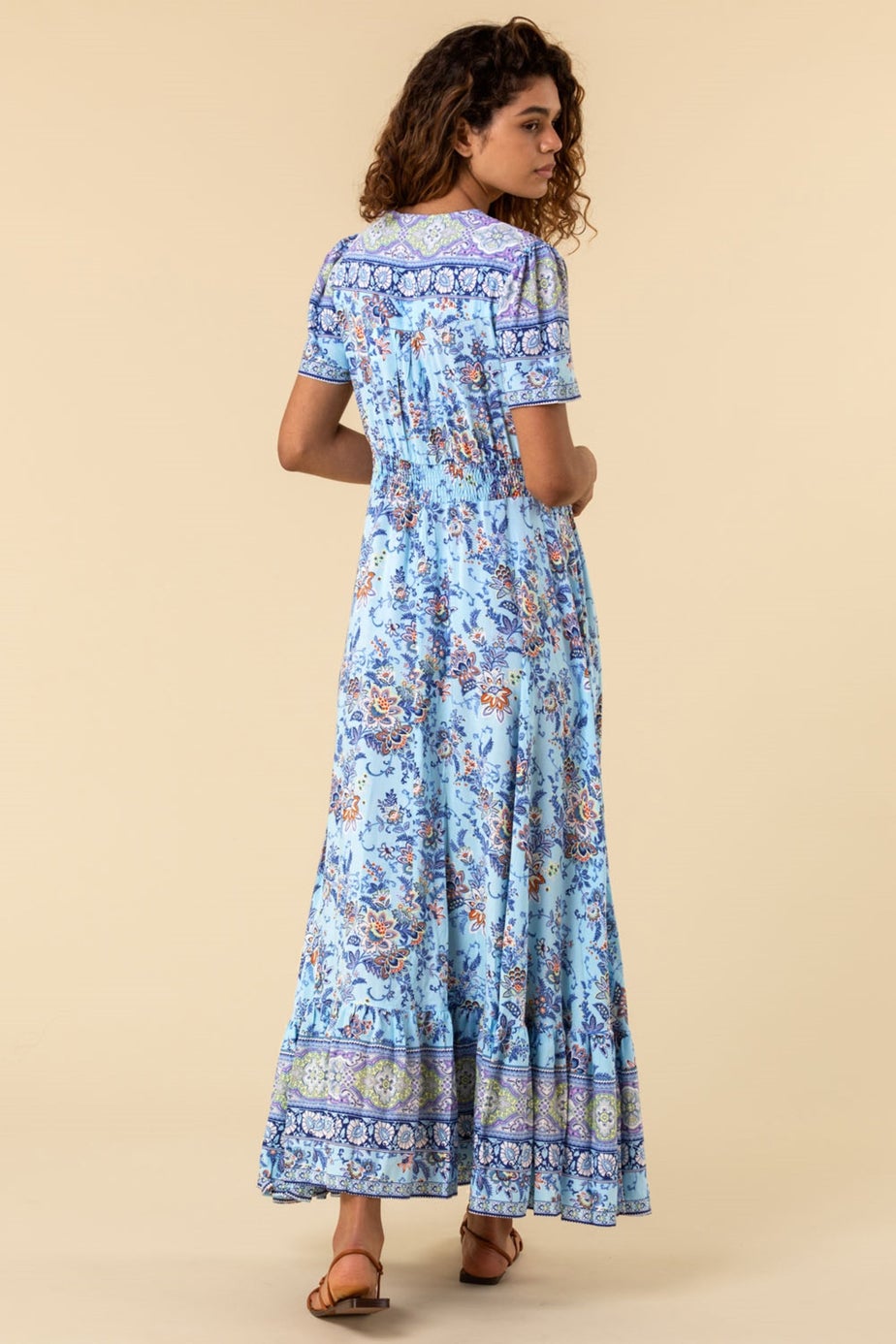 Roman Blue Floral Print Shirred Waist Maxi Dress