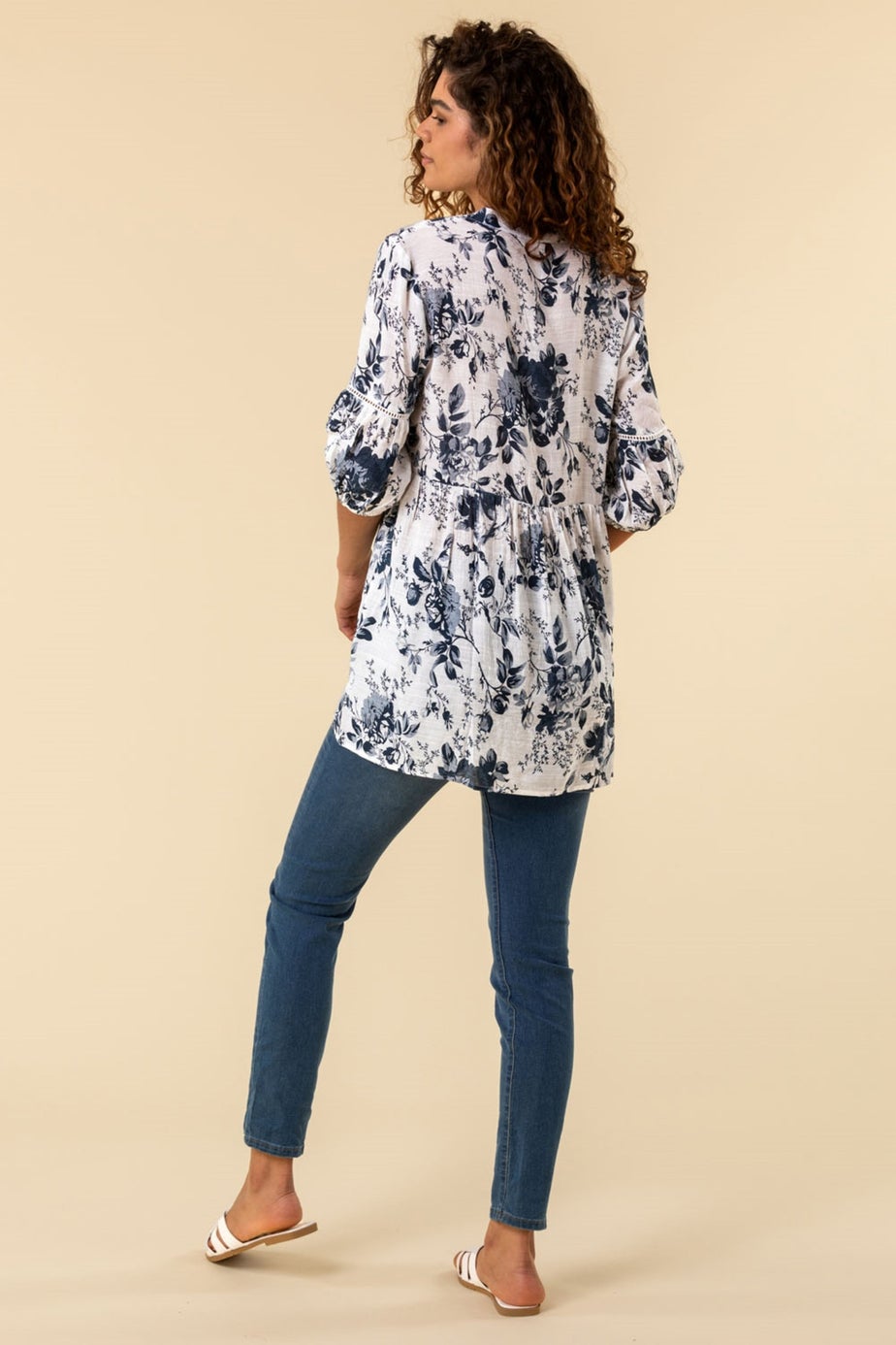 Roman Blue Floral Print Notch Neck Top