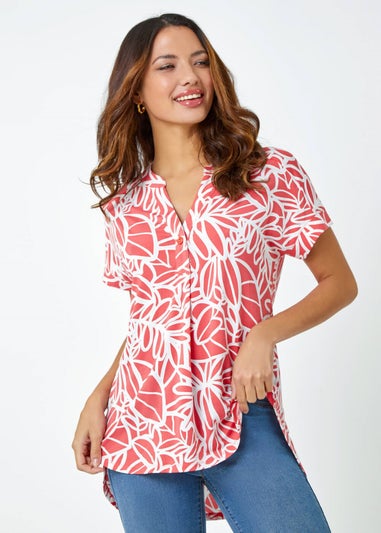 Roman Pink Linear Floral Print V-Neck Pleat Front Top